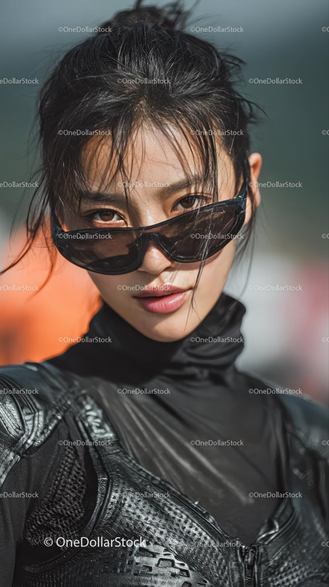 Confident Young Woman in Stylish Black Outfit and Sunglasses