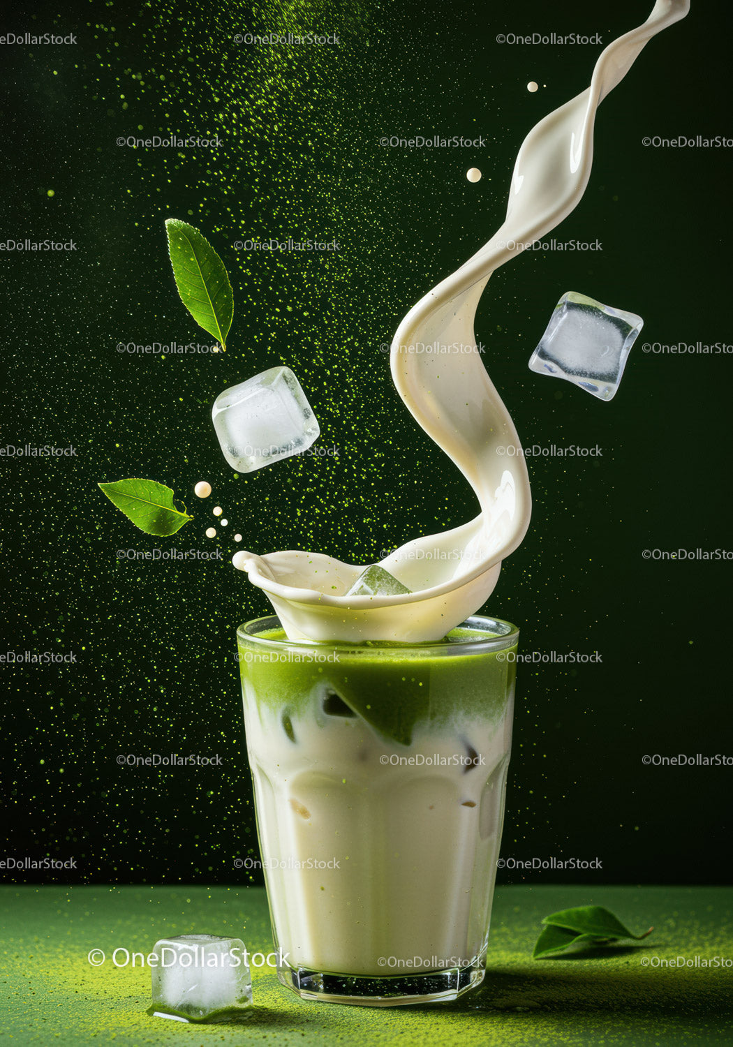 Iced Matcha Latte with Splash of Cream and Green Leaves