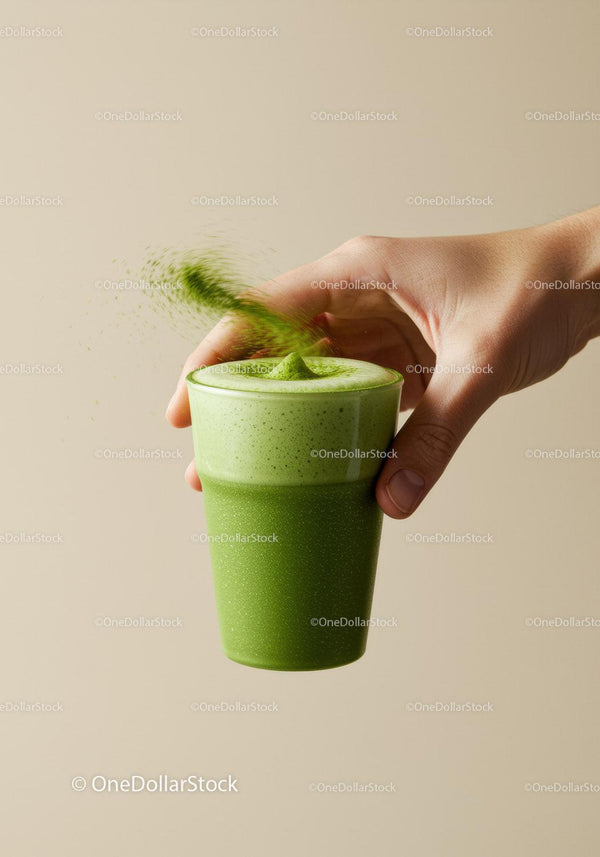 Hand Sprinkling Matcha Powder Over Frothy Green Tea