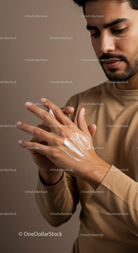 Close-Up of Man Applying Lotion to Hands for Skin Care and Grooming