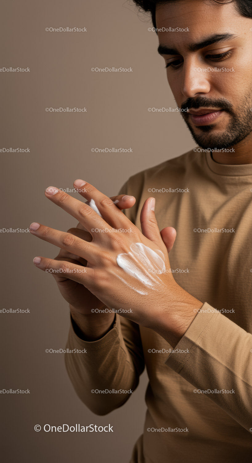 Close-Up of Man Applying Lotion to Hands for Skin Care and Grooming