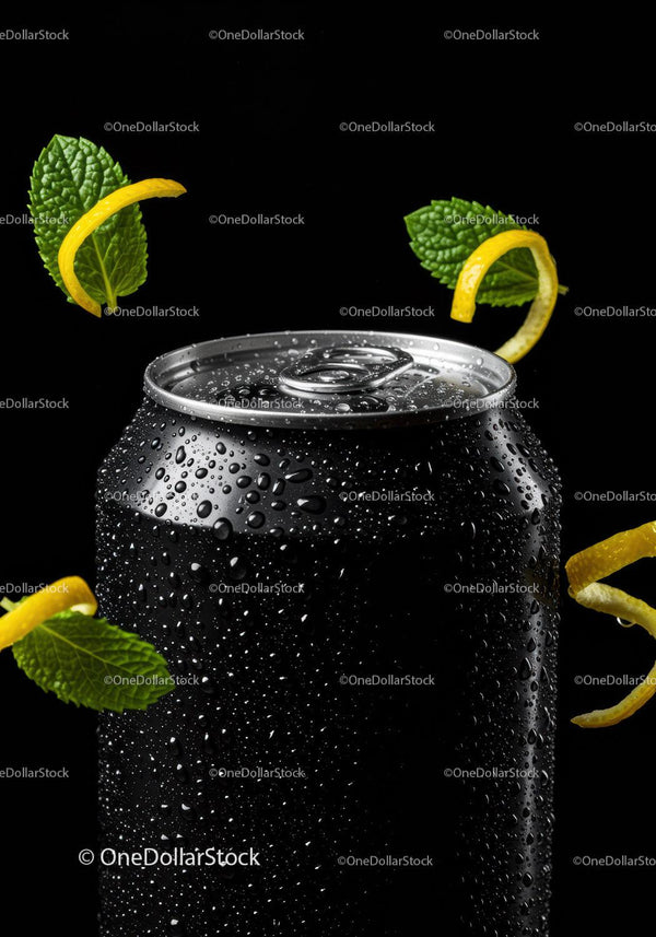 Black soda can with fresh mint and lemon peel accents