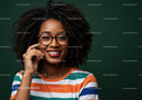 Portrait of a Smiling Young Woman with Afro Hair and Glasses in Studio