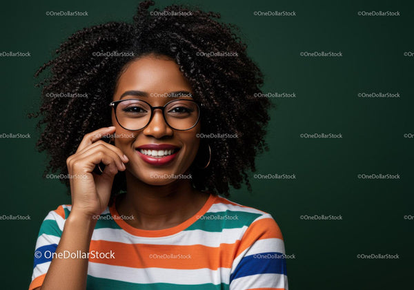 Portret uśmiechniętej młodej kobiety z afro i okularami w studio