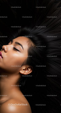 Portrait of serene woman with flowing black hair