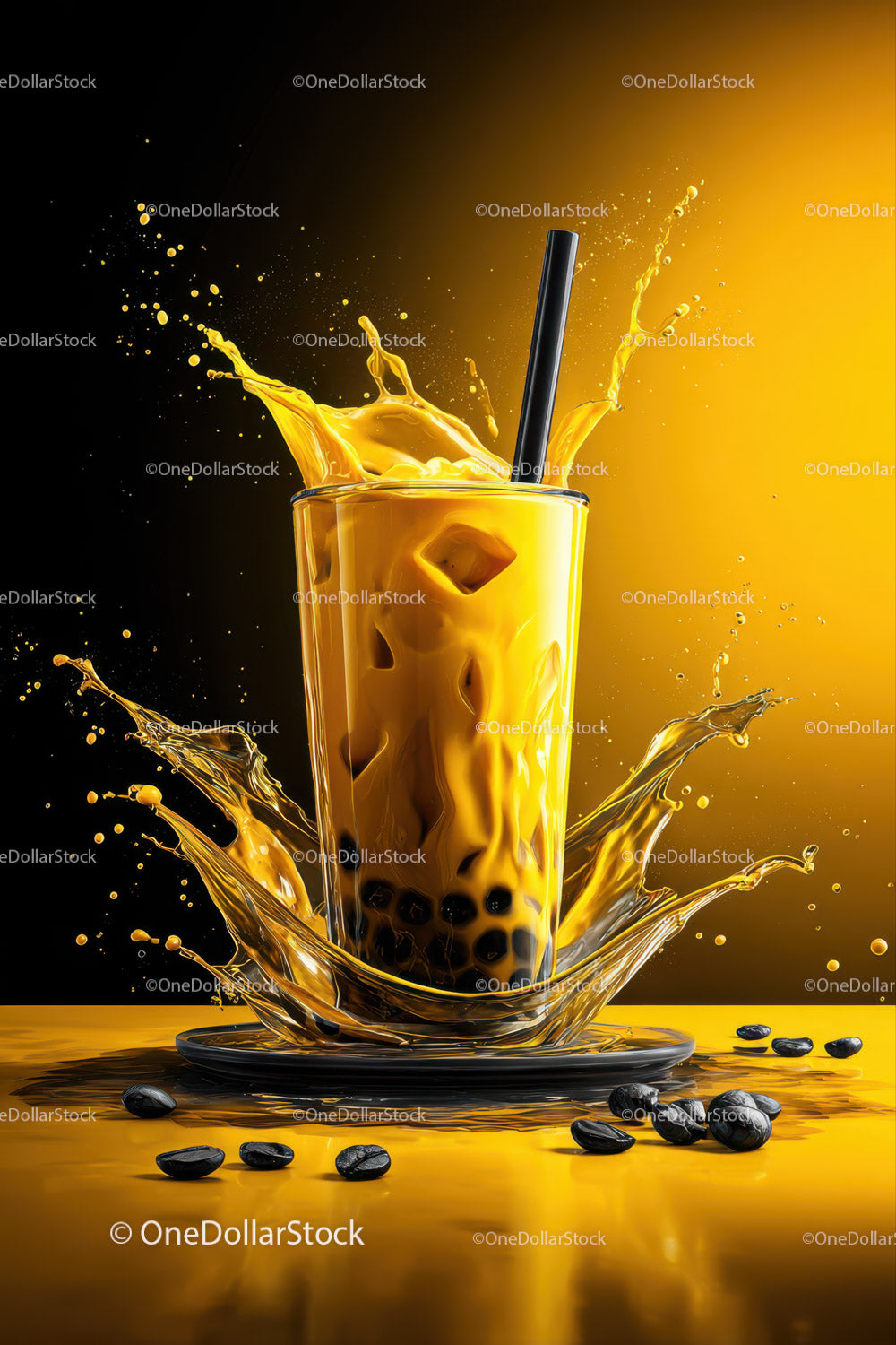 Vibrant yellow bubble tea with splash effect and black tapioca pearls