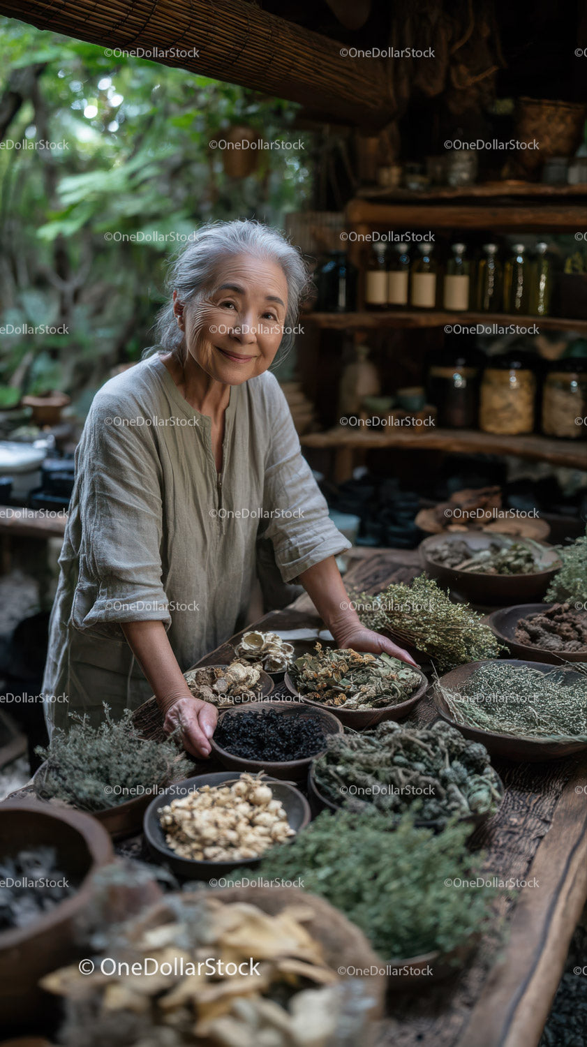 Elderly Woman Displaying a Variety of Herbal Plants at Outdoor Market