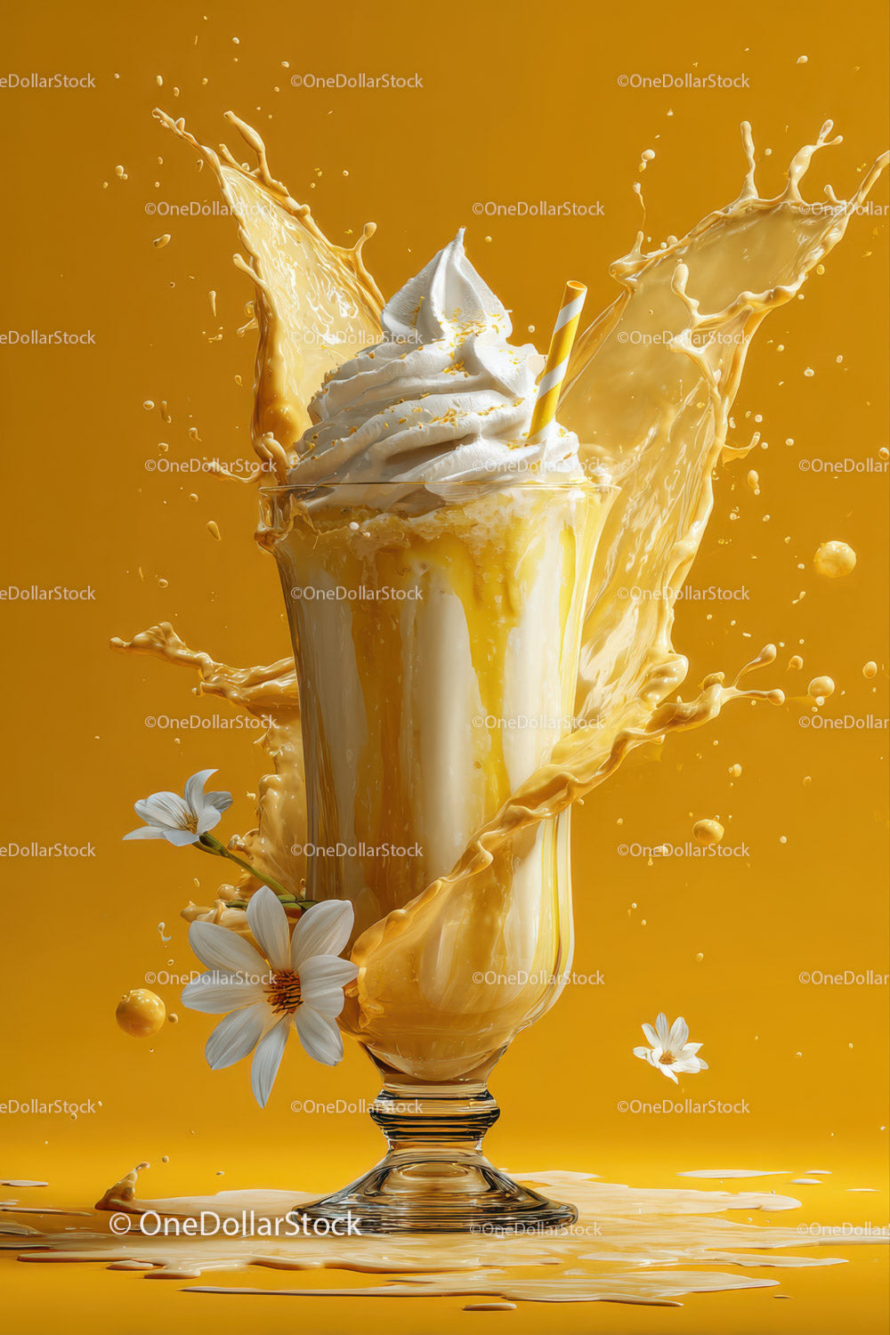 Orange Drink with Whipped Cream and Splashing Milk in Glass