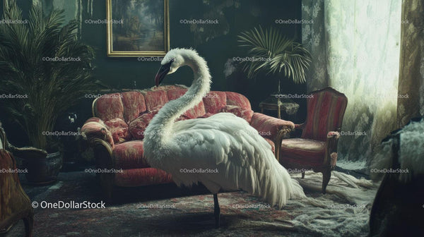 White Swan Standing Inside Vintage Living Room