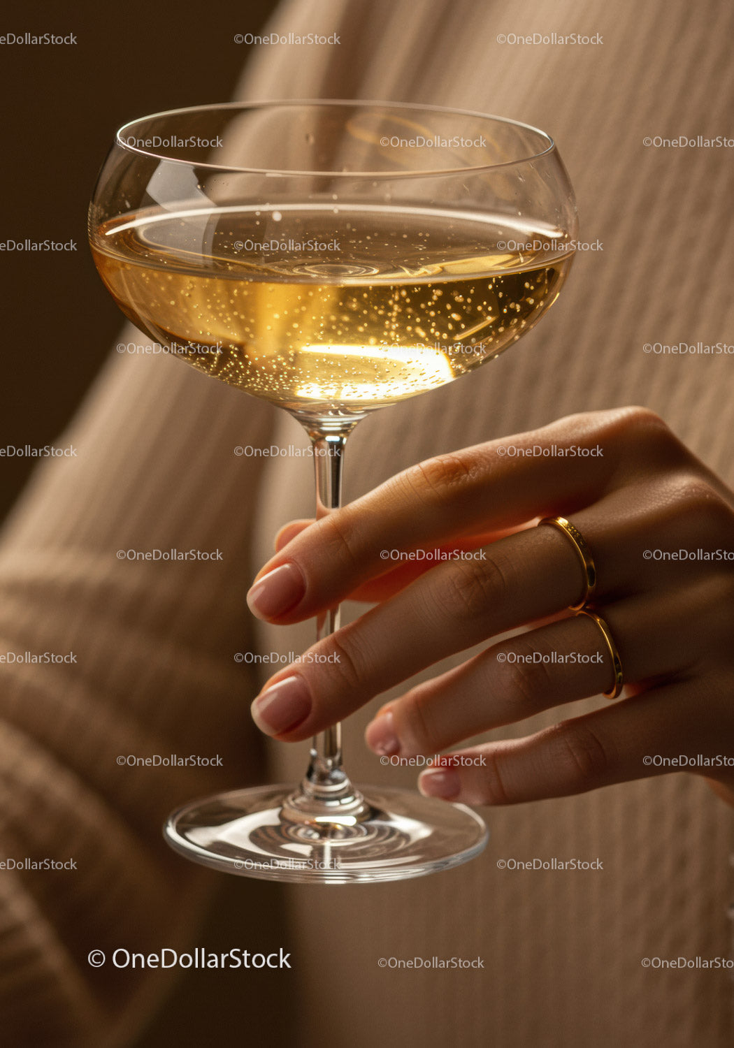 Hand Holding Champagne Glass with Bubbly Sparkle