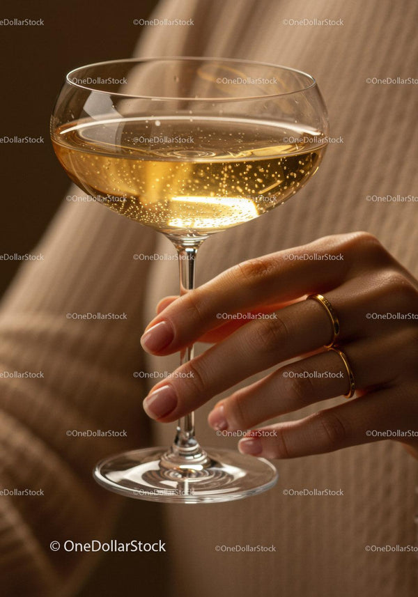 Hand Holding Champagne Glass with Bubbly Sparkle