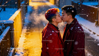 Winter Kiss Between Couples in Cozy Red Coats