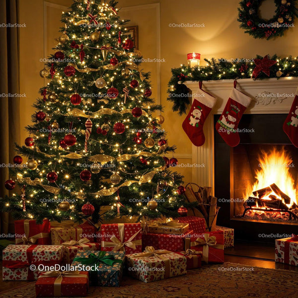 Cozy Living Room with Christmas Tree and Fireplace Glow