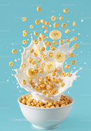 Breakfast cereal with milk splash and banana slices