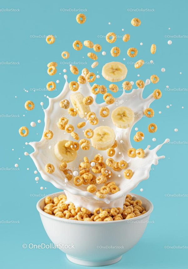 Breakfast cereal with milk splash and banana slices JPG Mockup Image