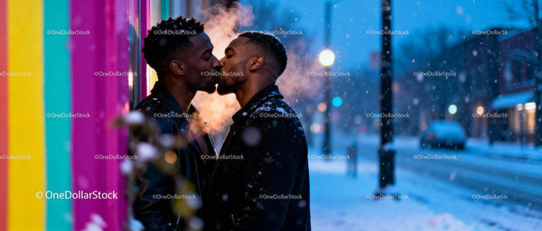 Couple sharing a tender kiss on snowy urban street