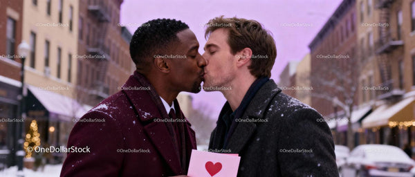 LGBTQ Couple Sharing a Romantic Kiss on Snowy Valentine’s Day