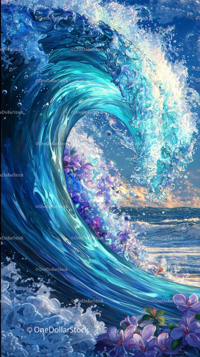 Kolorowa fala oceaniczna z kwiatami w dynamicznym pejzażu morskim