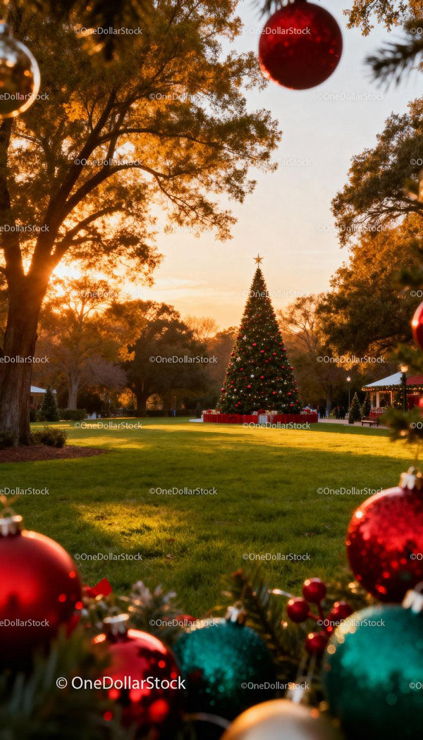 Christmas tree glowing at sunset in festive park