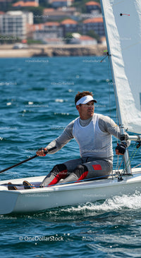 Man Sailing a Small Yacht in Blue Ocean Water