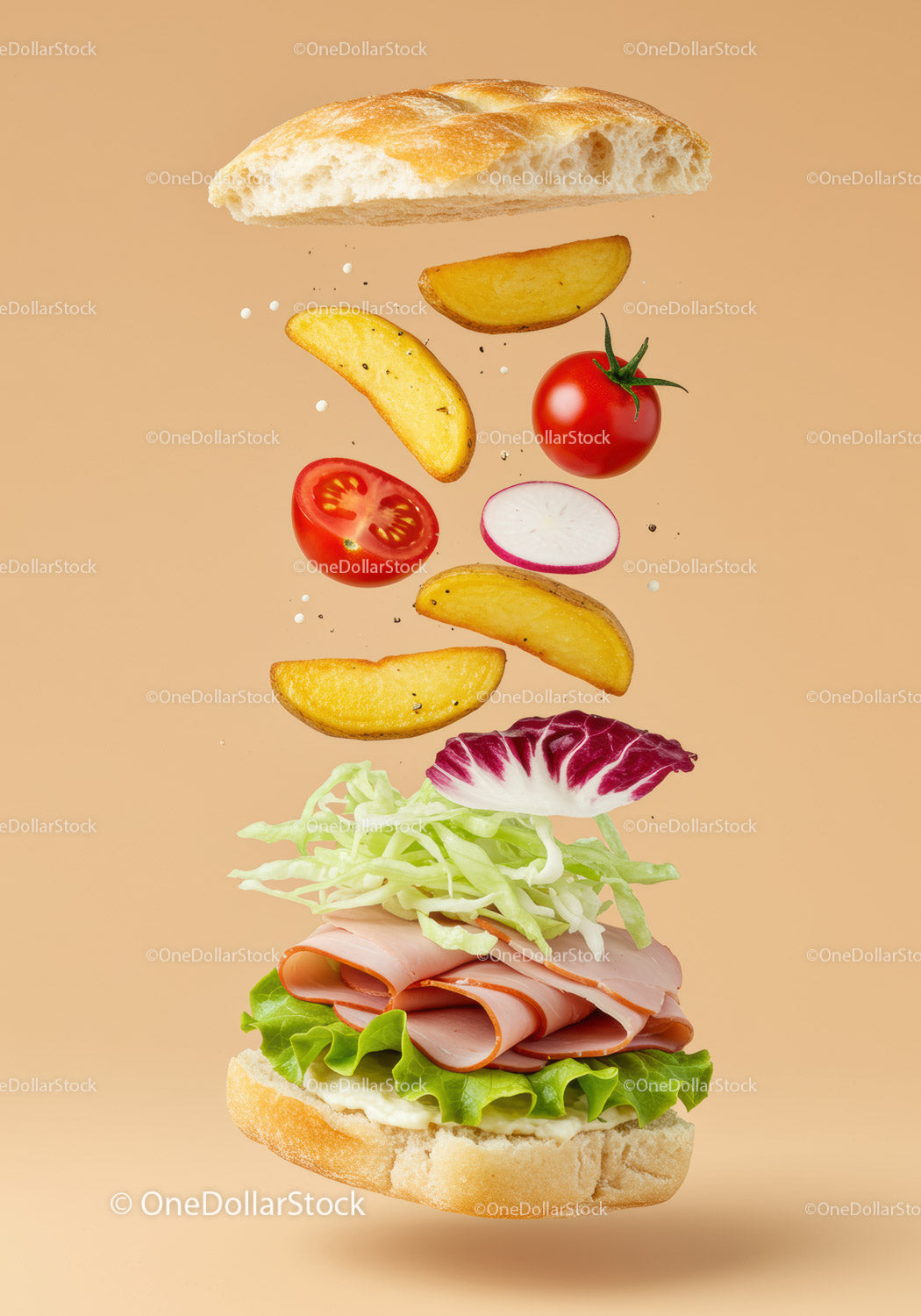 Fresh deli sandwich layers with crispy potato wedges