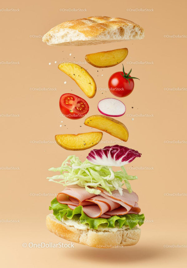 Fresh deli sandwich layers with crispy potato wedges