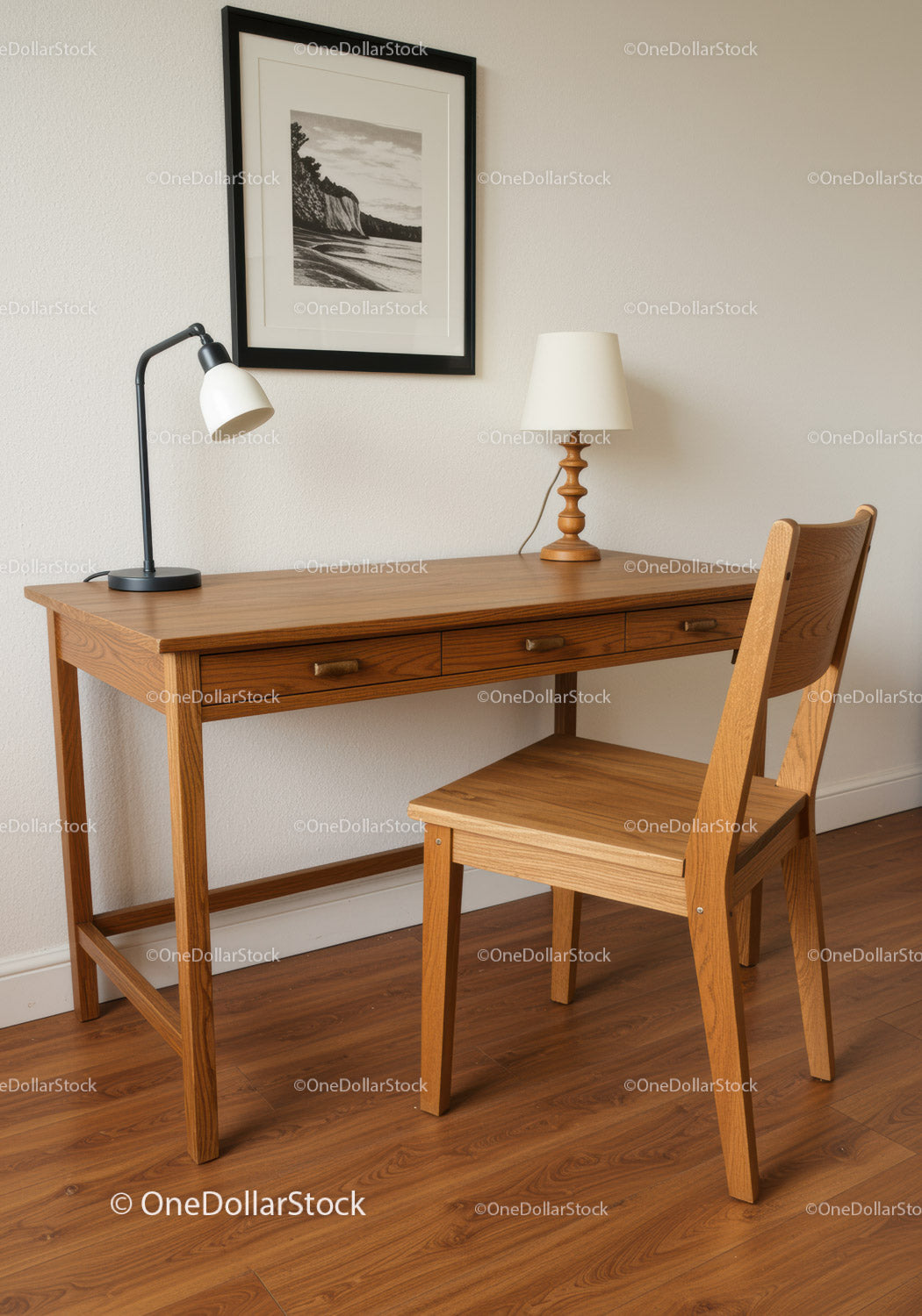 Wooden Desk and Chair in Cozy Minimalist Home Office