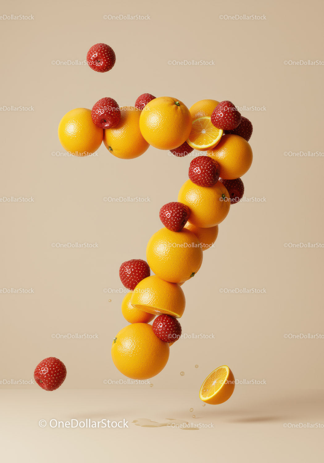 Number Seven Formed by Fresh Oranges and Strawberries