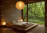 Minimalist bedroom with forest view and warm lighting