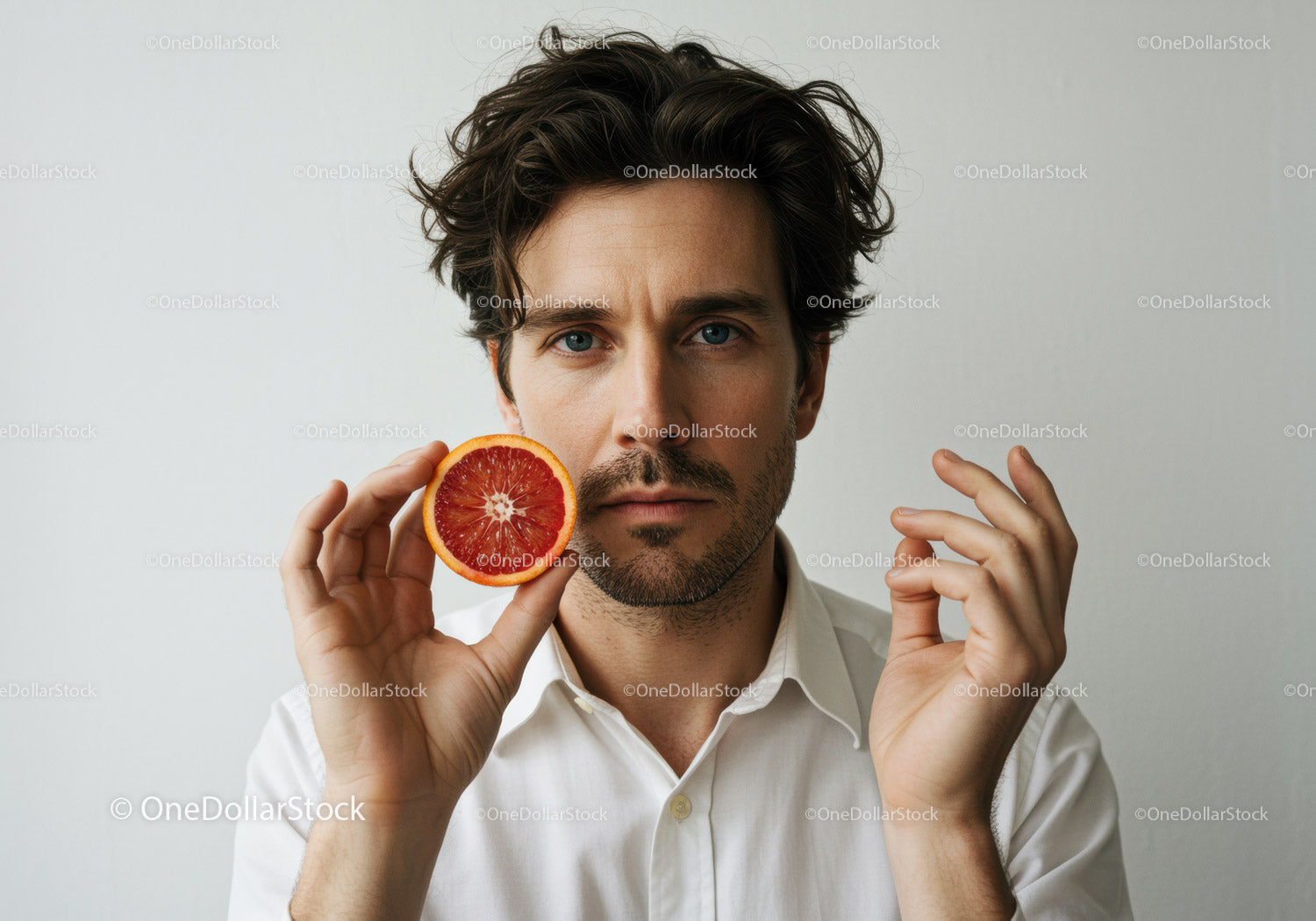 Portrait of a Man with Blue Eyes Holding a Slice of Red Grapefruit