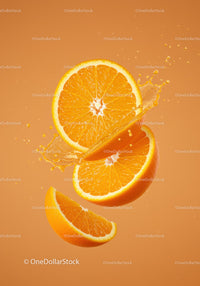 Fresh orange slices with juicy splash on orange background