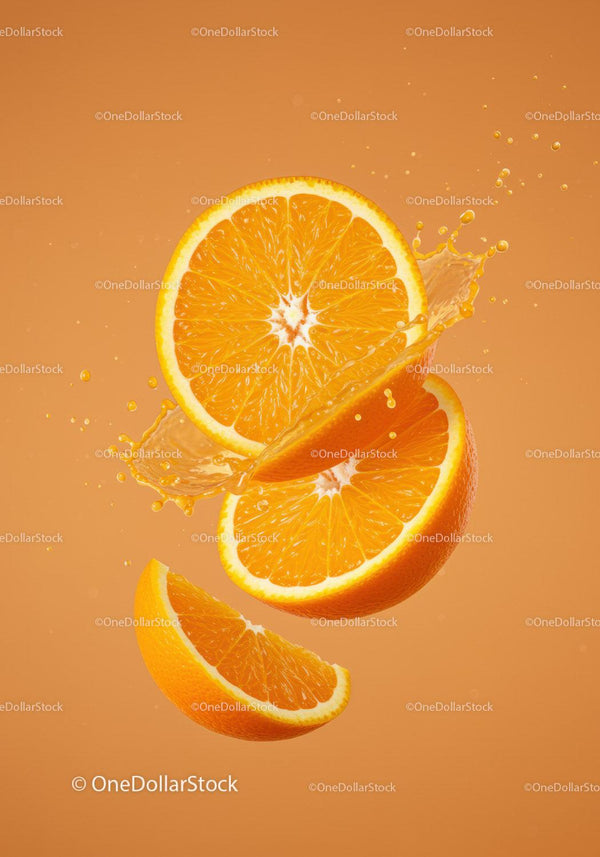 Fresh orange slices with juicy splash on orange background
