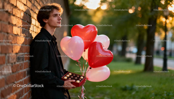 Young man holding heart-shaped balloons and chocolates