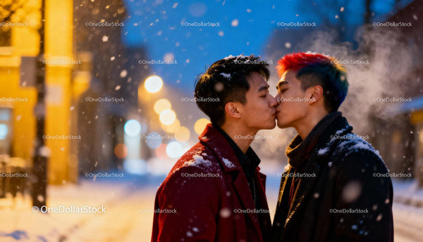 Winter Evening Kiss Between Young Gay Couple in City