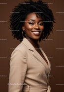 Elegant confident woman with curly hair in beige blazer studio portrait