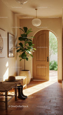 Cozy sunlit entryway with natural decor and open wooden door