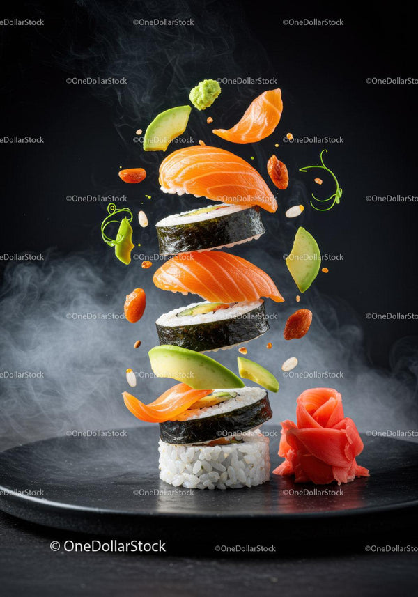 Floating sushi rolls with fresh salmon and avocado slices