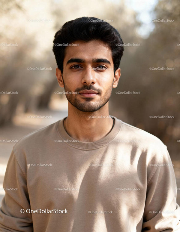 Young man with confident gaze in natural outdoor setting