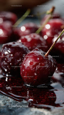 Juicy Red Cherries with Water Droplets on Dark Surface