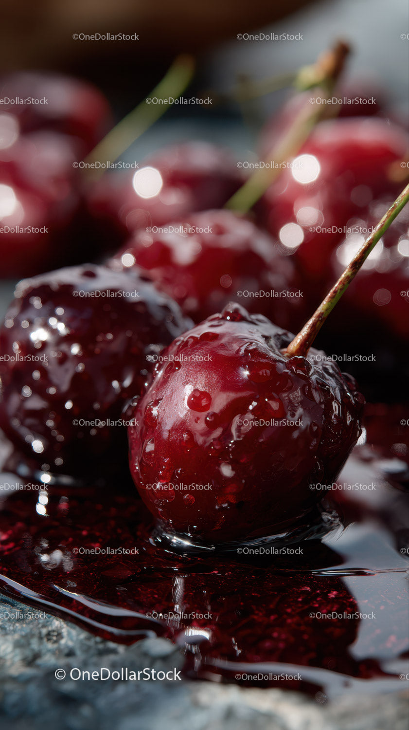 Juicy Red Cherries with Water Droplets on Dark Surface