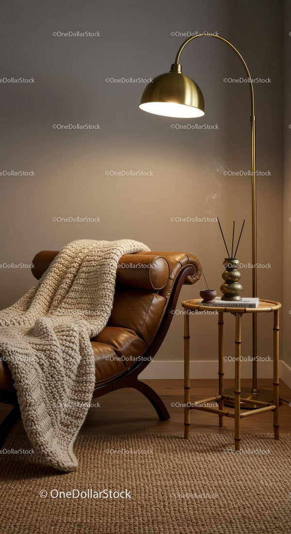 Cozy leather chair with knitted blanket and warm lamp light