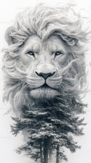 Majestic Lion Head with Forest Landscape in Black and White