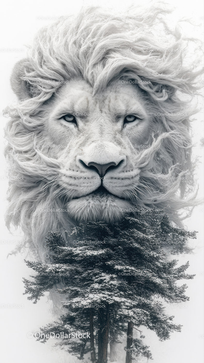 Majestic Lion Head with Forest Landscape in Black and White