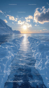 Majestic Glacial Landscape with Snow-Capped Mountains and Sunlit Sky