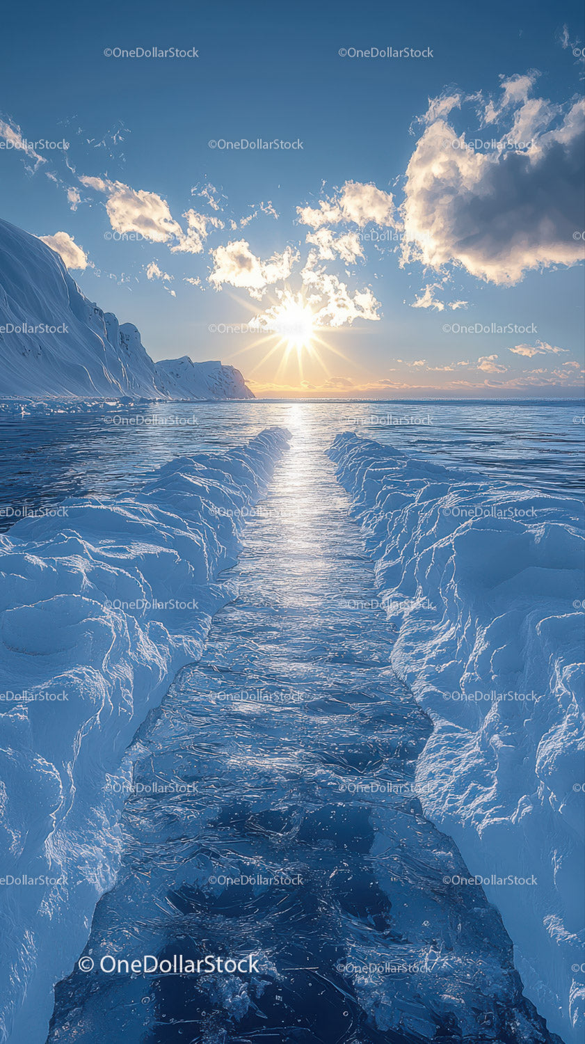 Majestic Glacial Landscape with Snow-Capped Mountains and Sunlit Sky