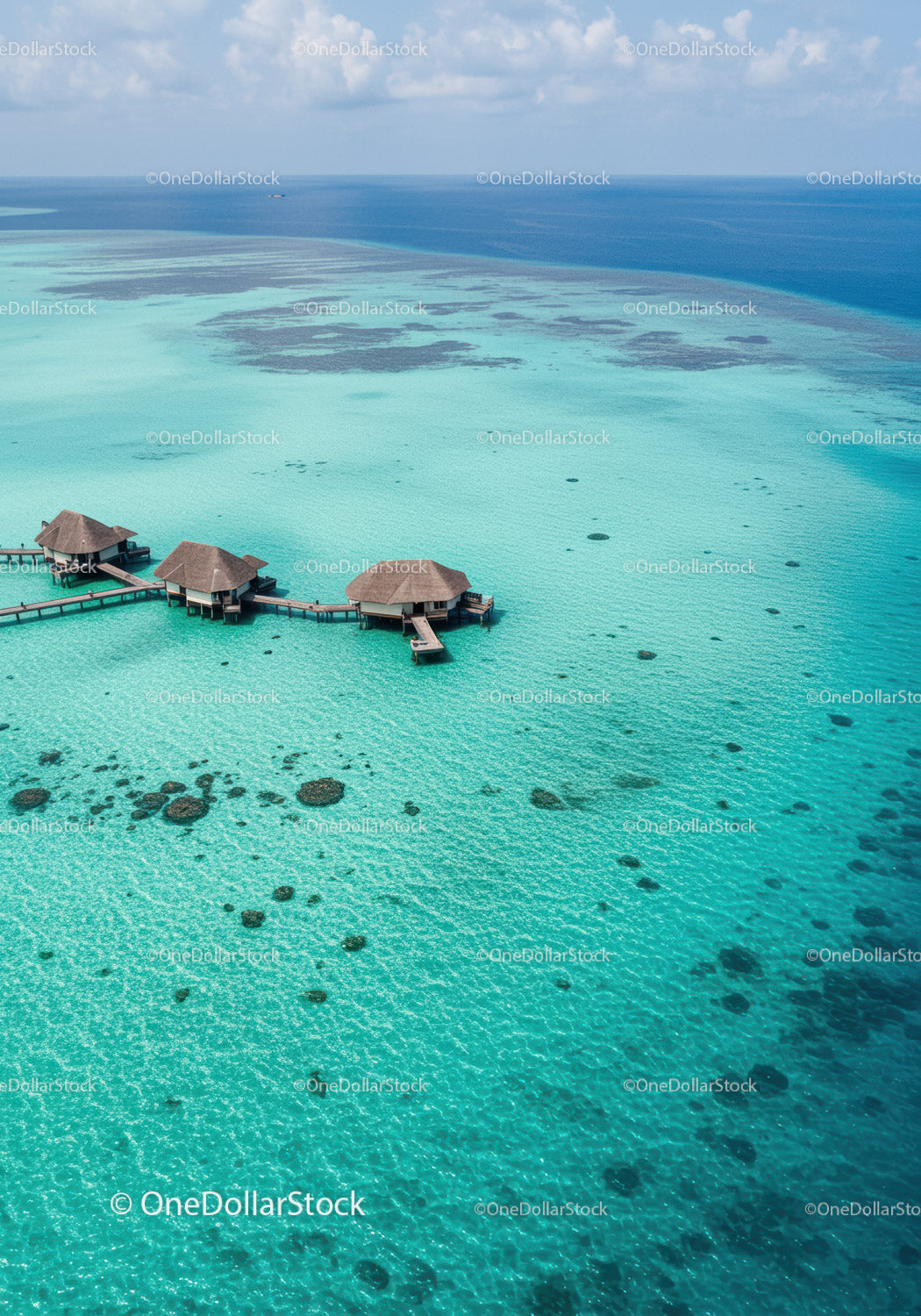 Overwater Bungalows Over Clear Turquoise Ocean with Tropical Setting