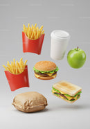 Classic fast food meal with fresh apple and drink