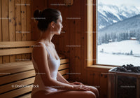 Woman Relaxing in Sauna with Mountain Snowfall View