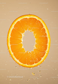 Fresh orange slice with water droplets on beige background
