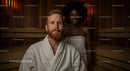 Relaxing Sauna Scene with Man and Woman in Wooden Steam Room
